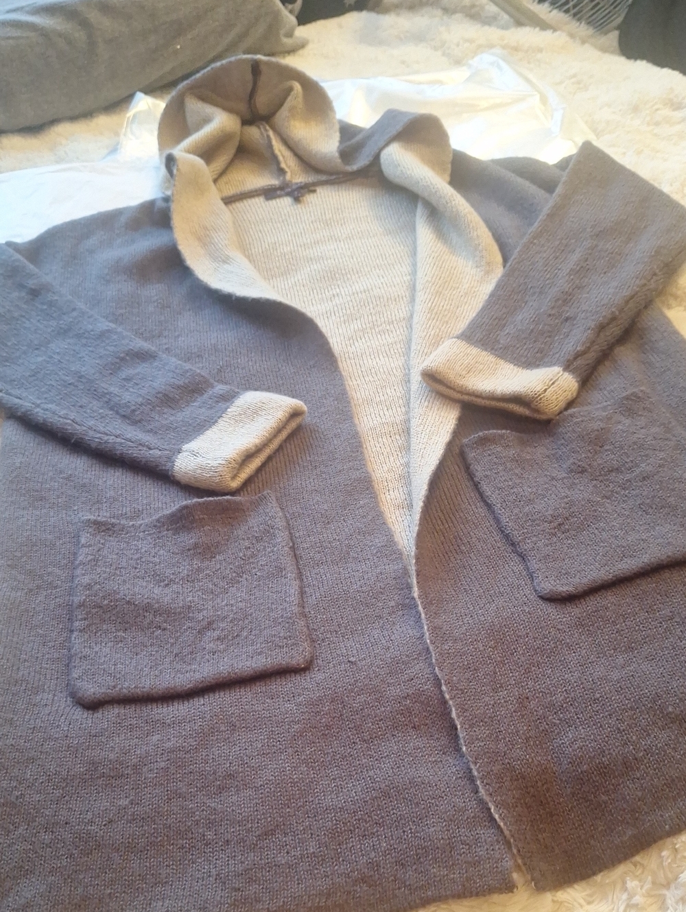 Olivia Sky Two-Tone Hooded Knit Long Cardigan Sweater - Eggplant & Tan Inside S - Picture 10 of 10